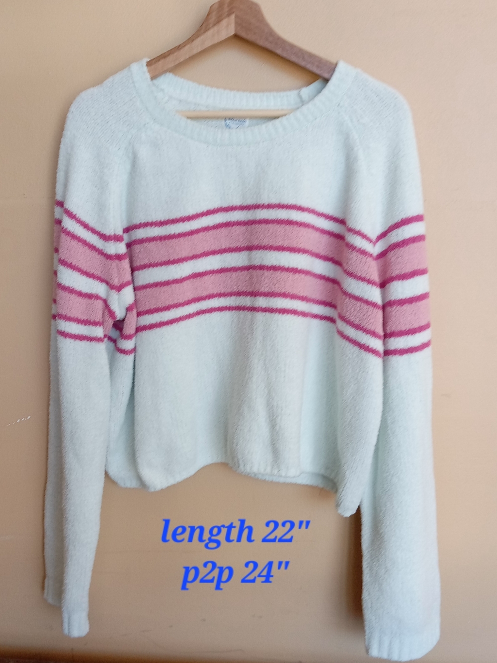 Blue Rain Cream Sweater with Pink Stripe Accents